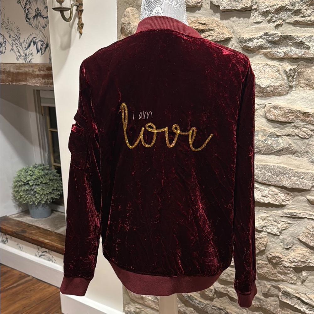 Peace Love World “I am Love” ❤️ Velvet Velour Bomber Jacket Sweatshirt Red XS